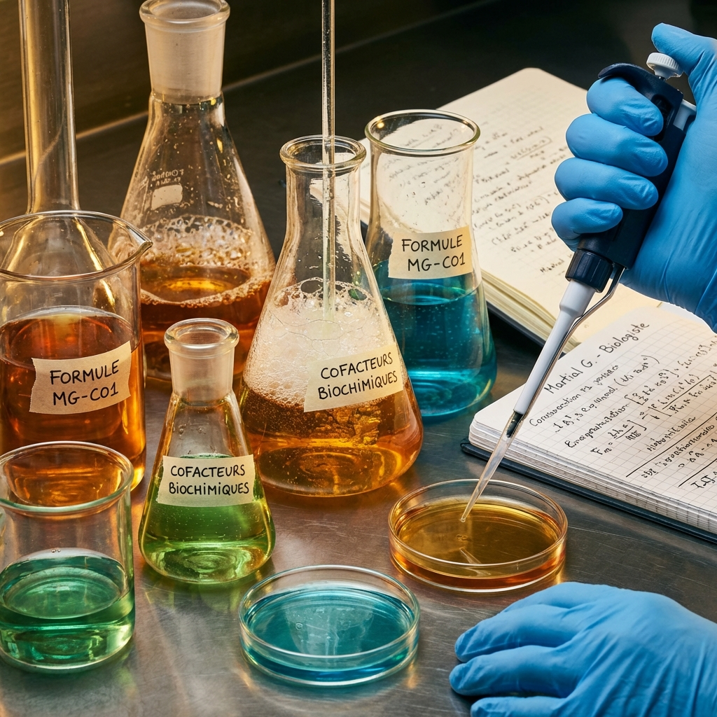 Vue rapprochée d'une formulation complexe en laboratoire, symbolisant la rigueur de Martial Gitenet et les cofacteurs biochimiques.